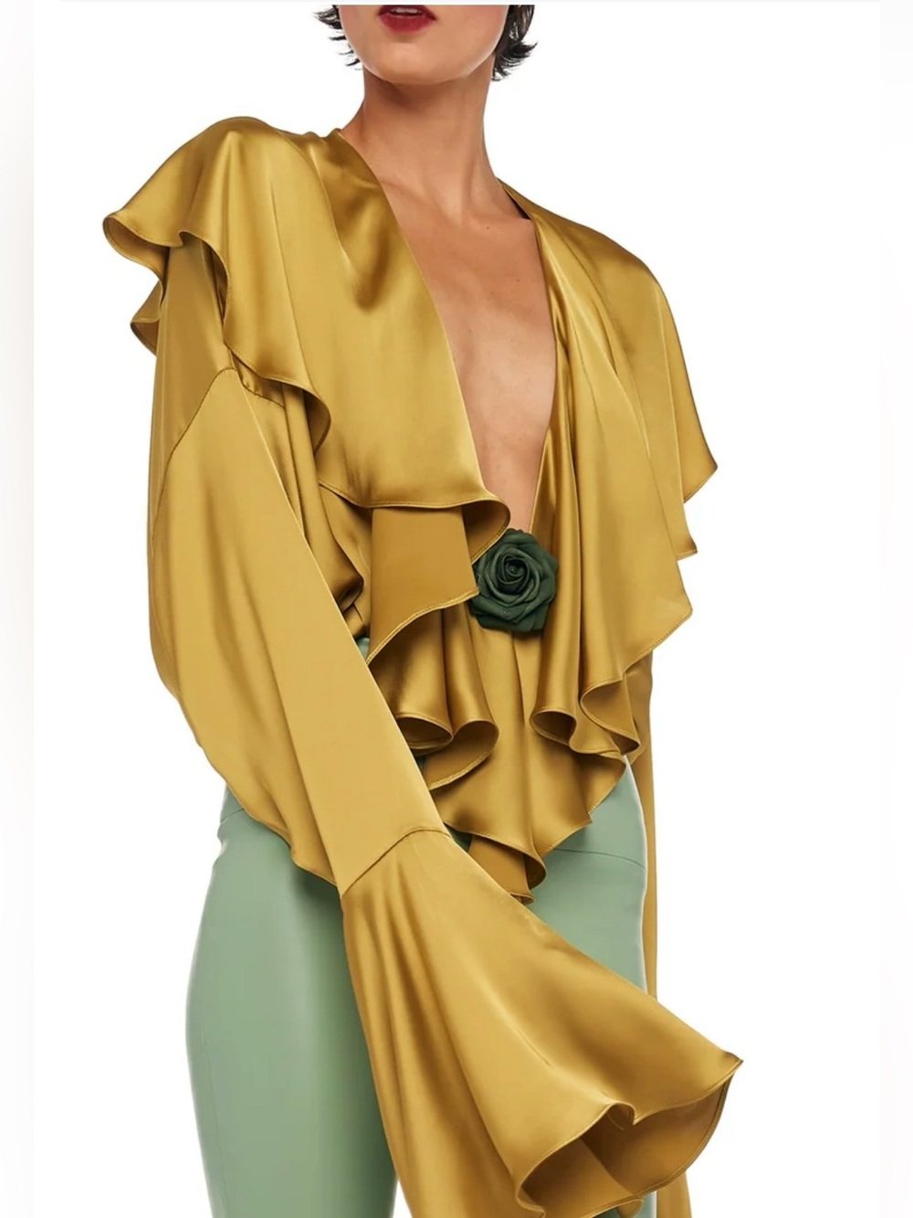 NORMA KAMALI Satin Ruffle Deep-V Women's Top in Asparagus. Size S